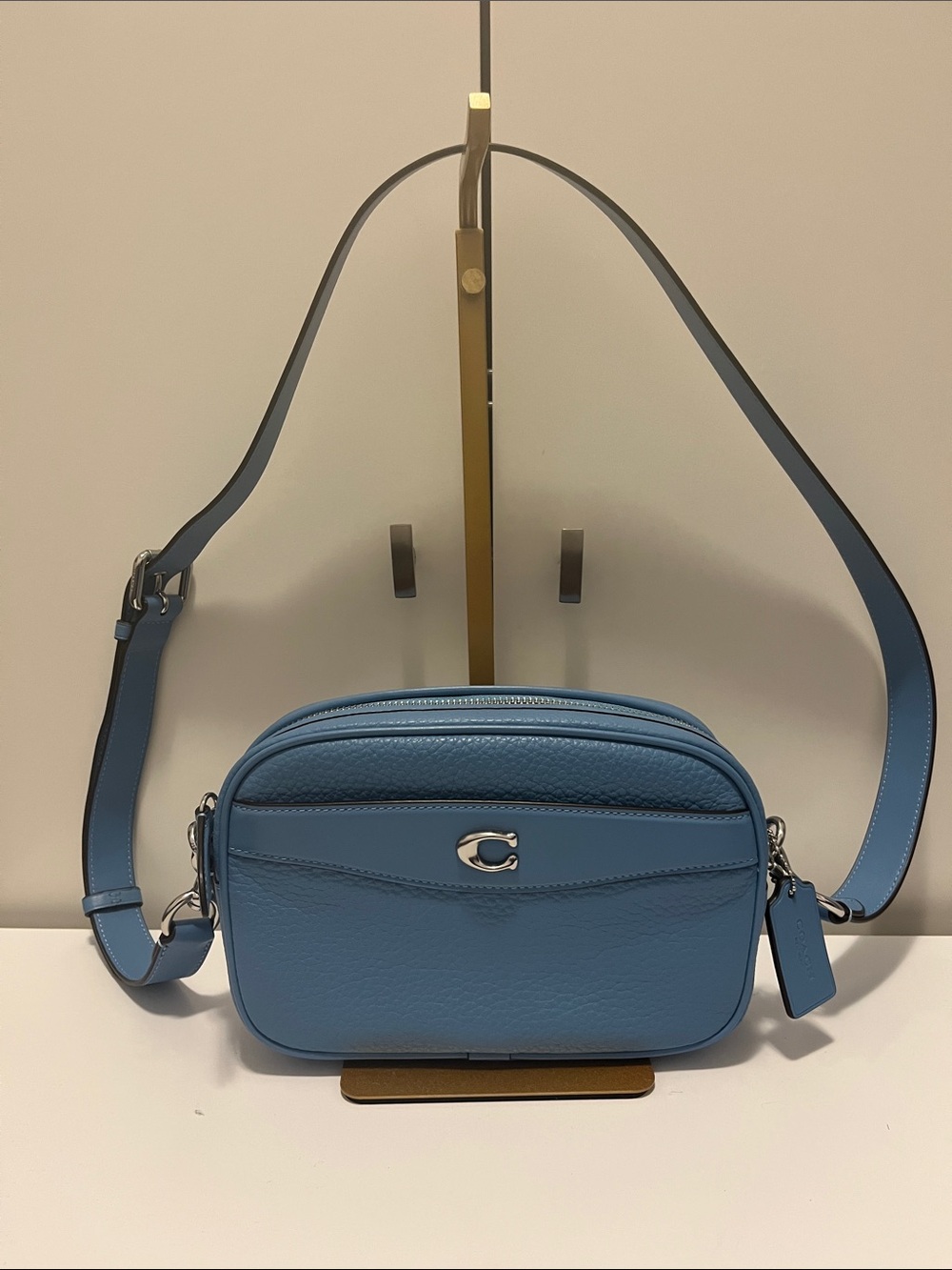 Coach Sky Blue Pebbled Leather Camera Crossbody CC386